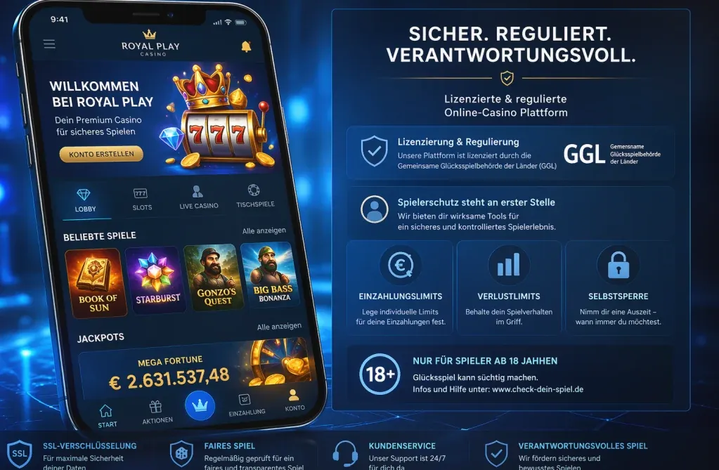 Smartphone mit Online-Casino-App und Hinweis auf Regulierung und Spielerschutz in Deutschland