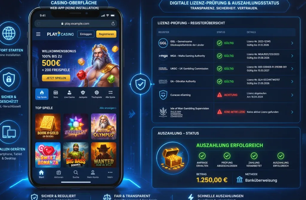 Casino-Oberfläche im Hochformat auf dem Smartphone ohne installierte App